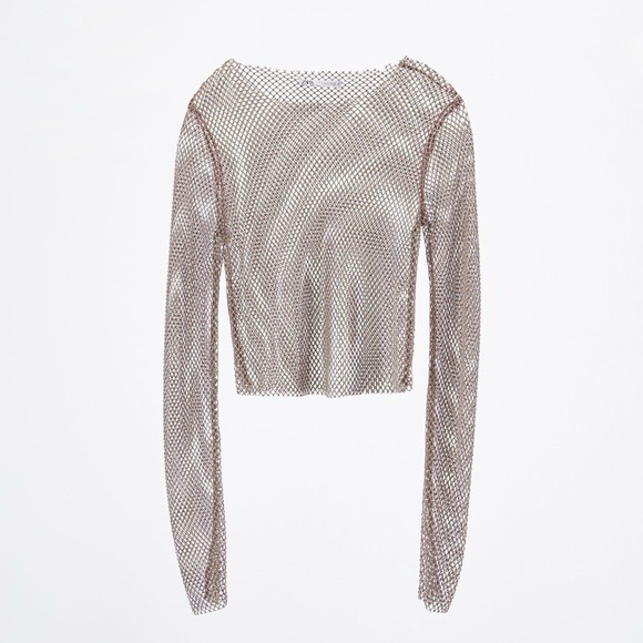 ZARA Sheer Diamond Mesh Long Sleeve Crop Top Size Small - Picture 8 of 8